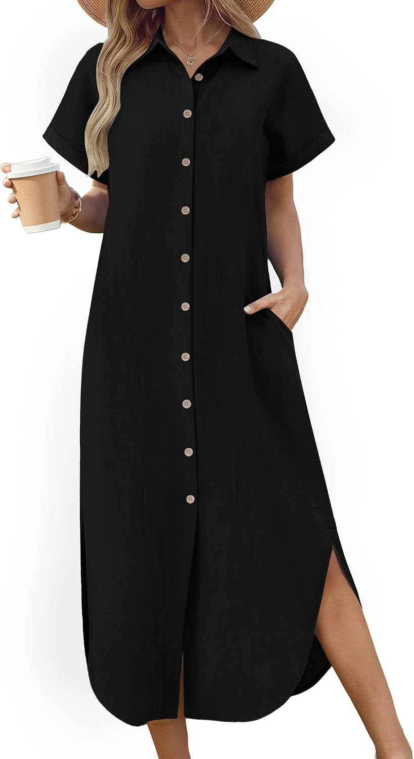 Women's Casual  Sleeve Button Down Long Shirt Dress with Pockets Swimsuit Beach Cover Up