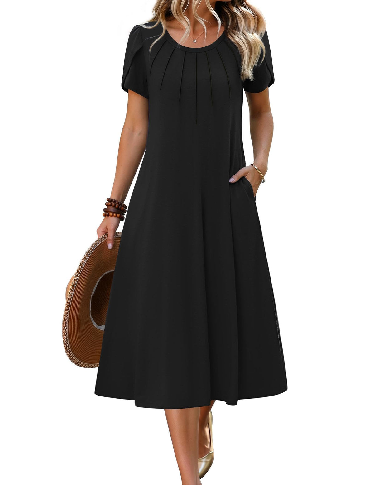Women's 2026 Summer Petal Short Sleeve Pleated Midi A-Line Flowy Boho Casual Sundress