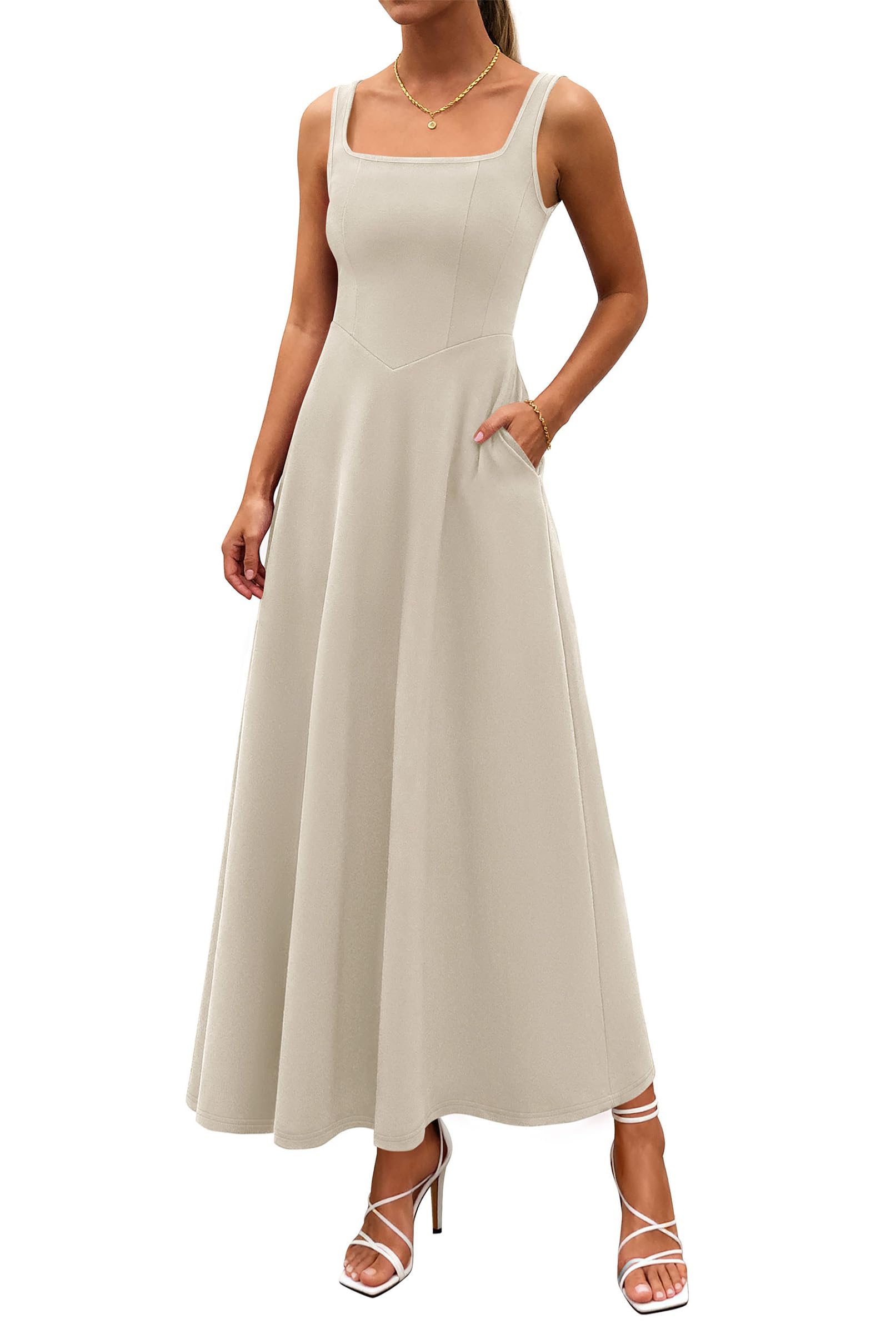 2 Neck A-Line Swing Maxi Beach Wedding Guest Dress with Pockets
