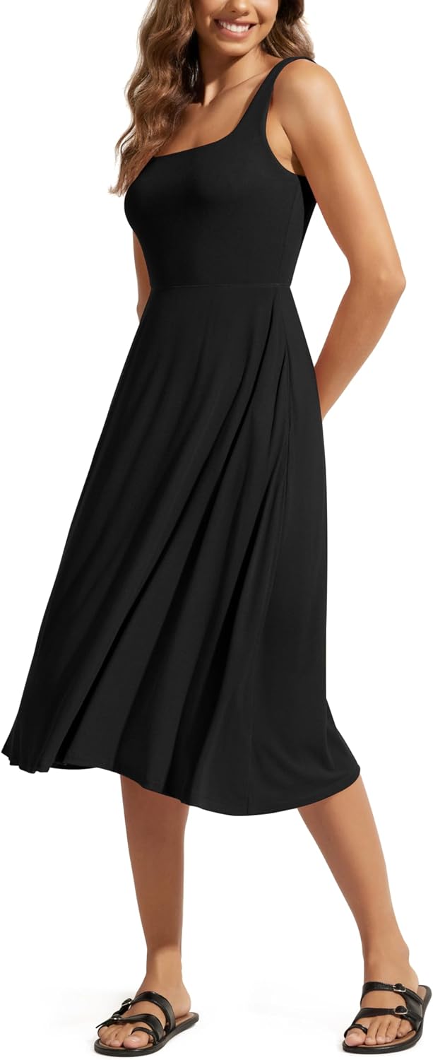 Women Summer Square Neck Sleeveless Flare Tank Midi Casual Sundress with Pockets