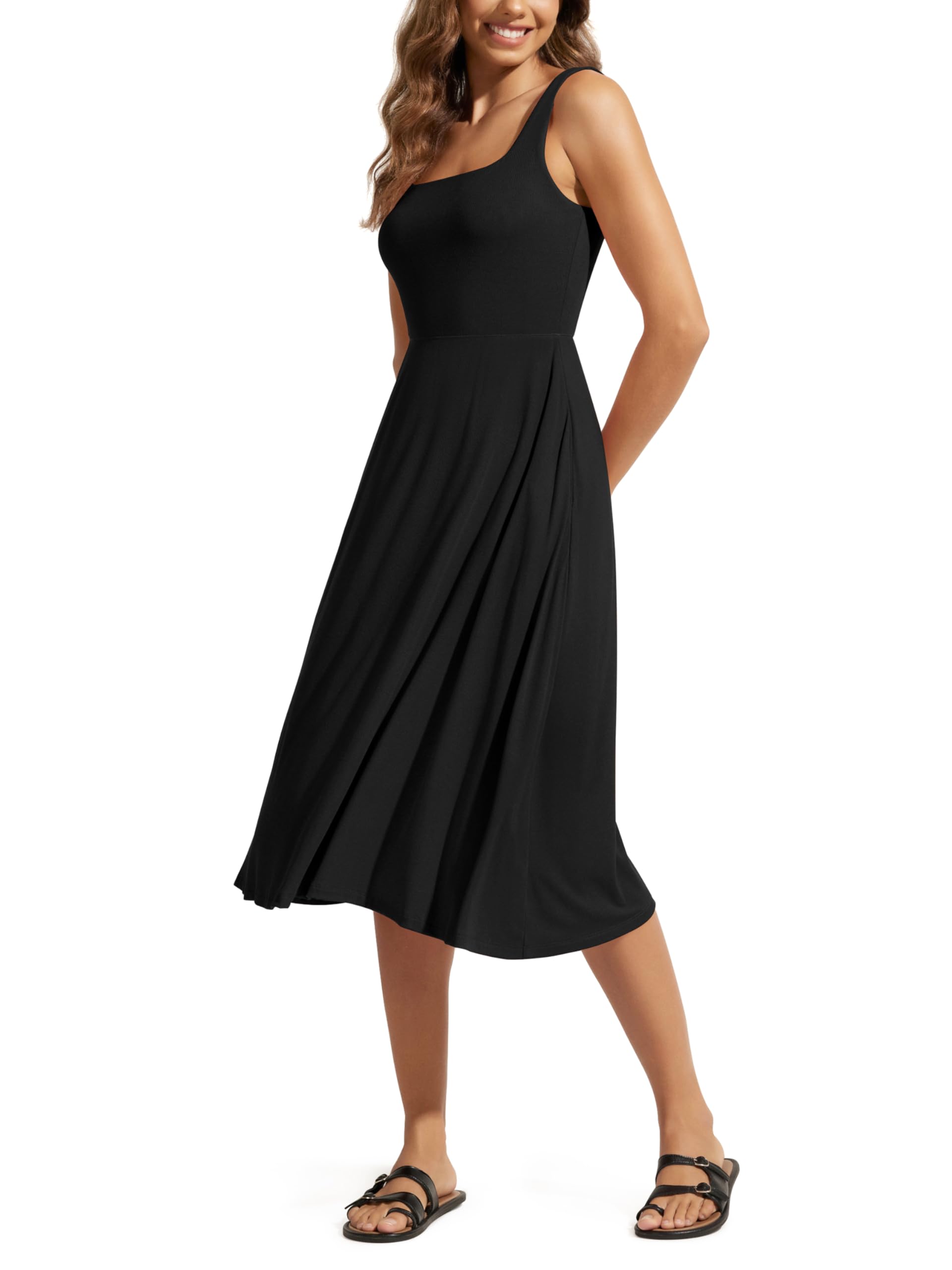 Women Summer Square Neck Sleeveless Flare Tank Midi Casual Sundress with Pockets