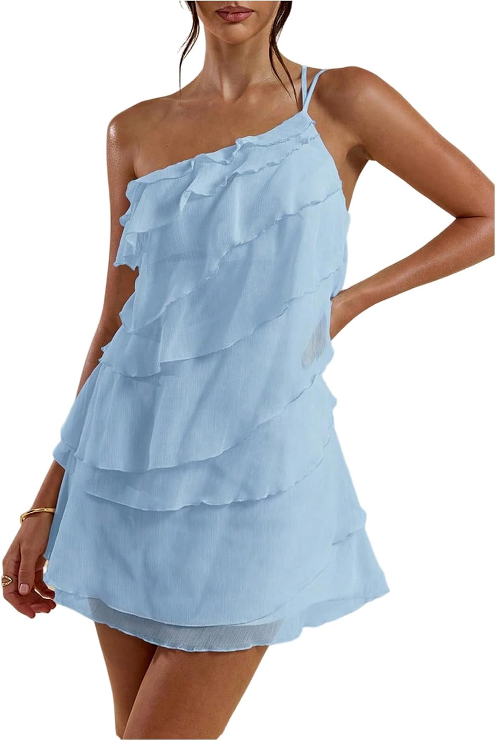 Women's One Shoulder Ruffle Mesh Layered Backless Mini Vacation Party Sundress