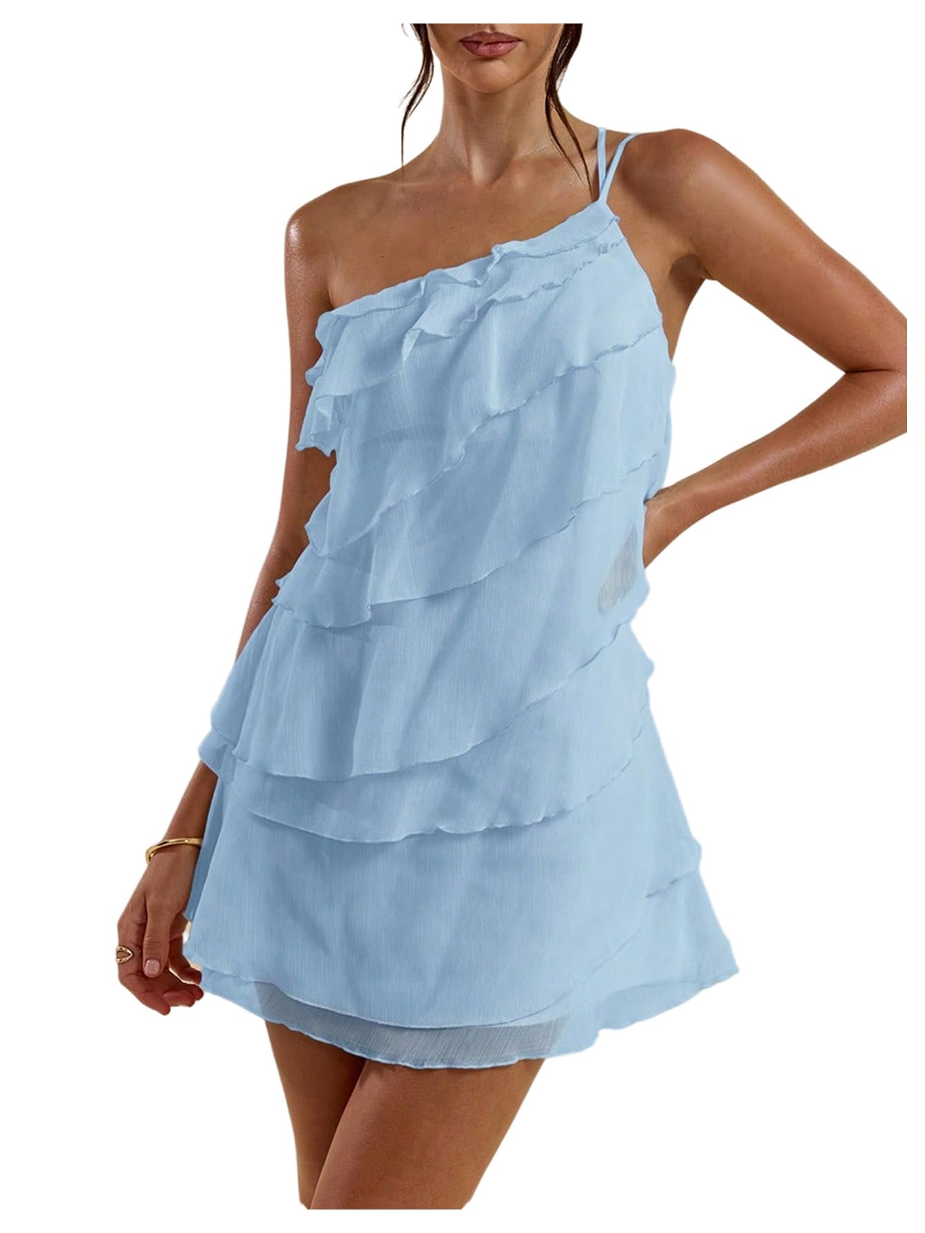 Women's One Shoulder Ruffle Mesh Layered Backless Mini Vacation Party Sundress