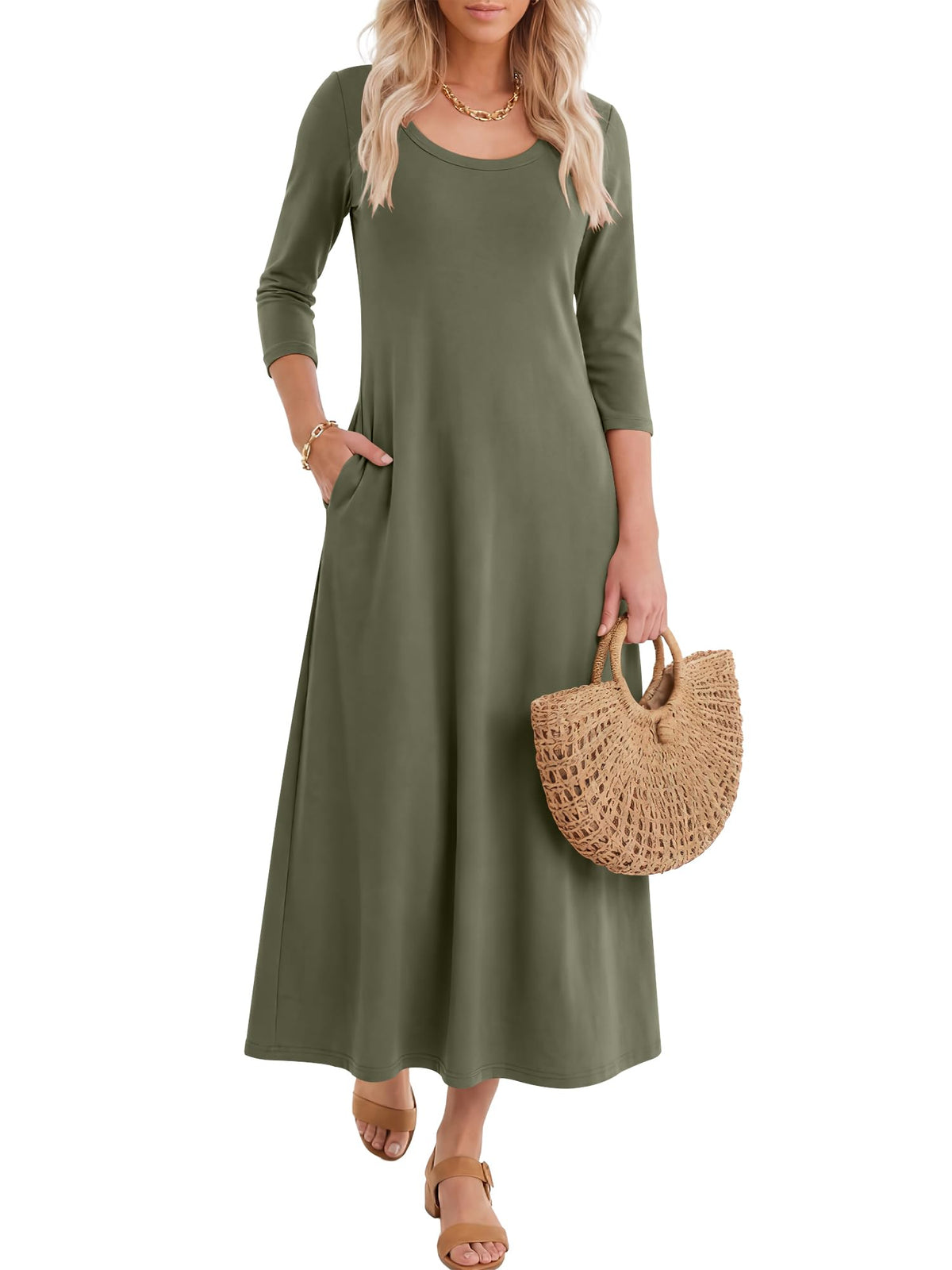 Women's 3/4 Sleeve Scoop Neck Dress with Pockets Soft Breathable for Travel Vacation Spring Transition