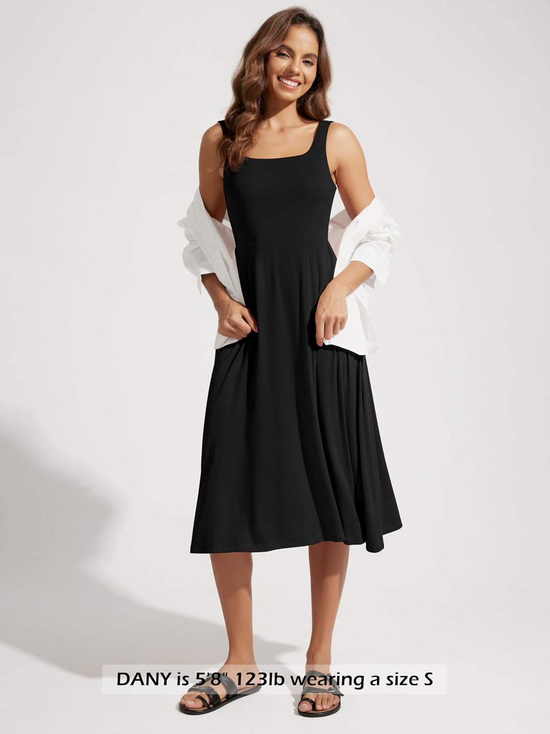 Women Summer Square Neck Sleeveless Flare Tank Midi Casual Sundress with Pockets