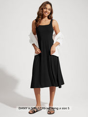 Women Summer Square Neck Sleeveless Flare Tank Midi Casual Sundress with Pockets