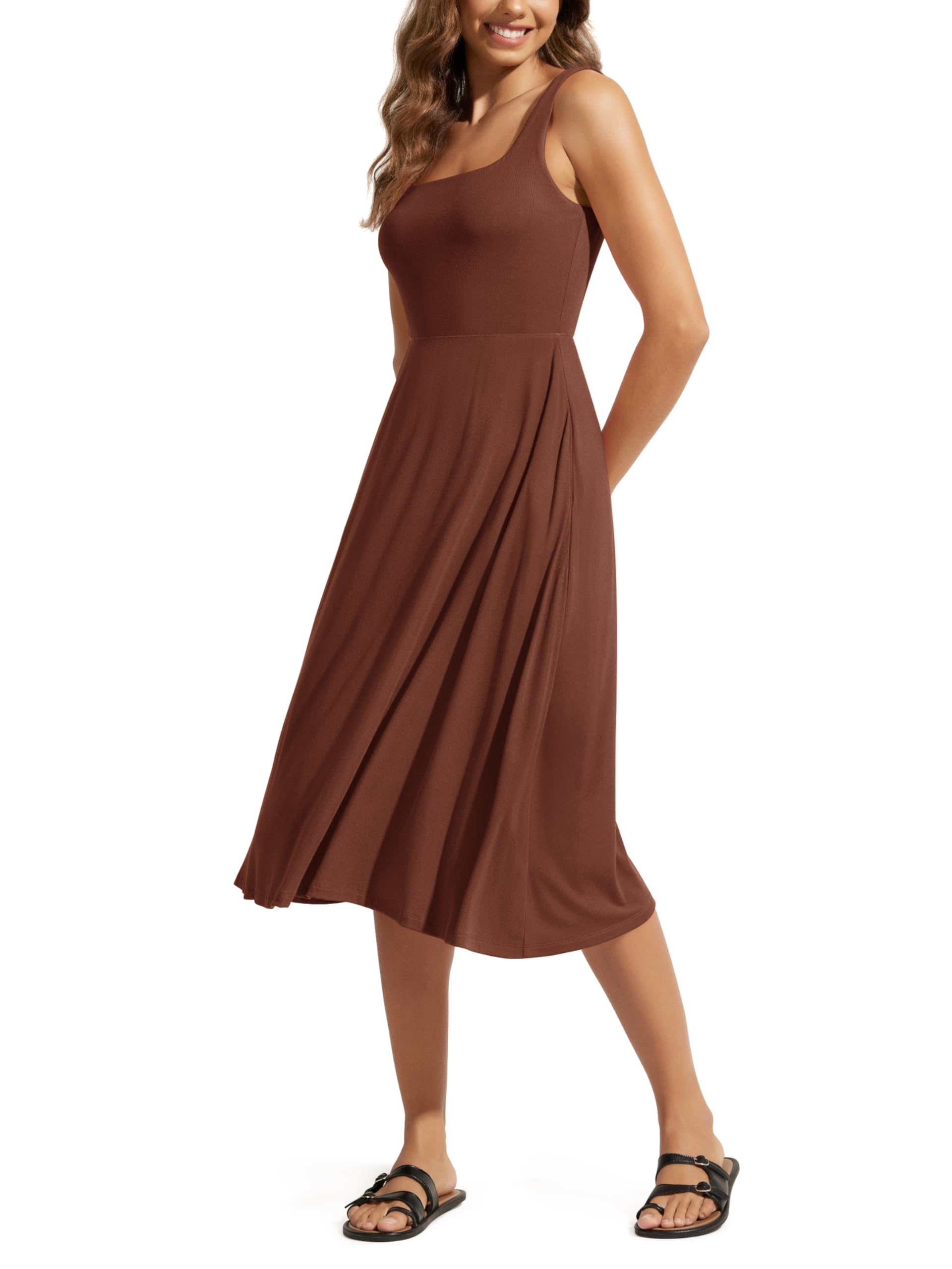 Women Summer Square Neck Sleeveless Flare Tank Midi Casual Sundress with Pockets