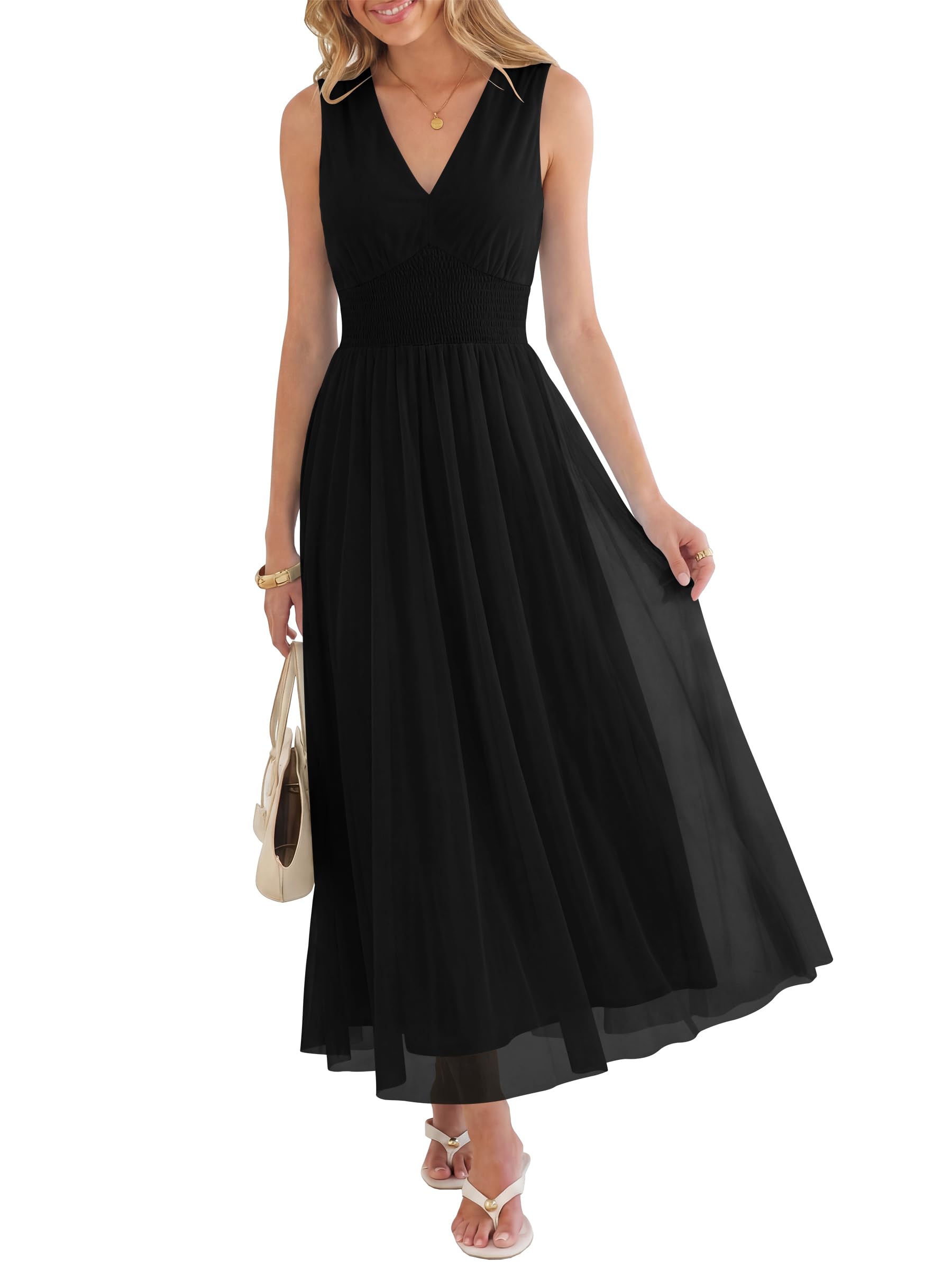 Women's Floral Tulle V Neck Sleeveless A-Line Elastic Waist Casual Flowy Formal