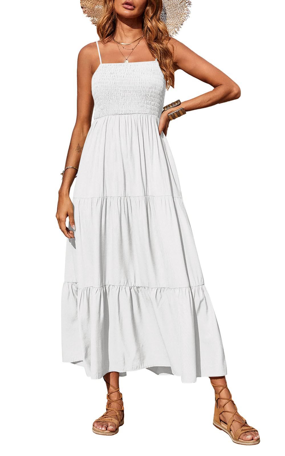 Women's 2026 Summer Casual Boho Sleeveless Spaghetti Strap Smocked Tiered Maxi Beach Sundress