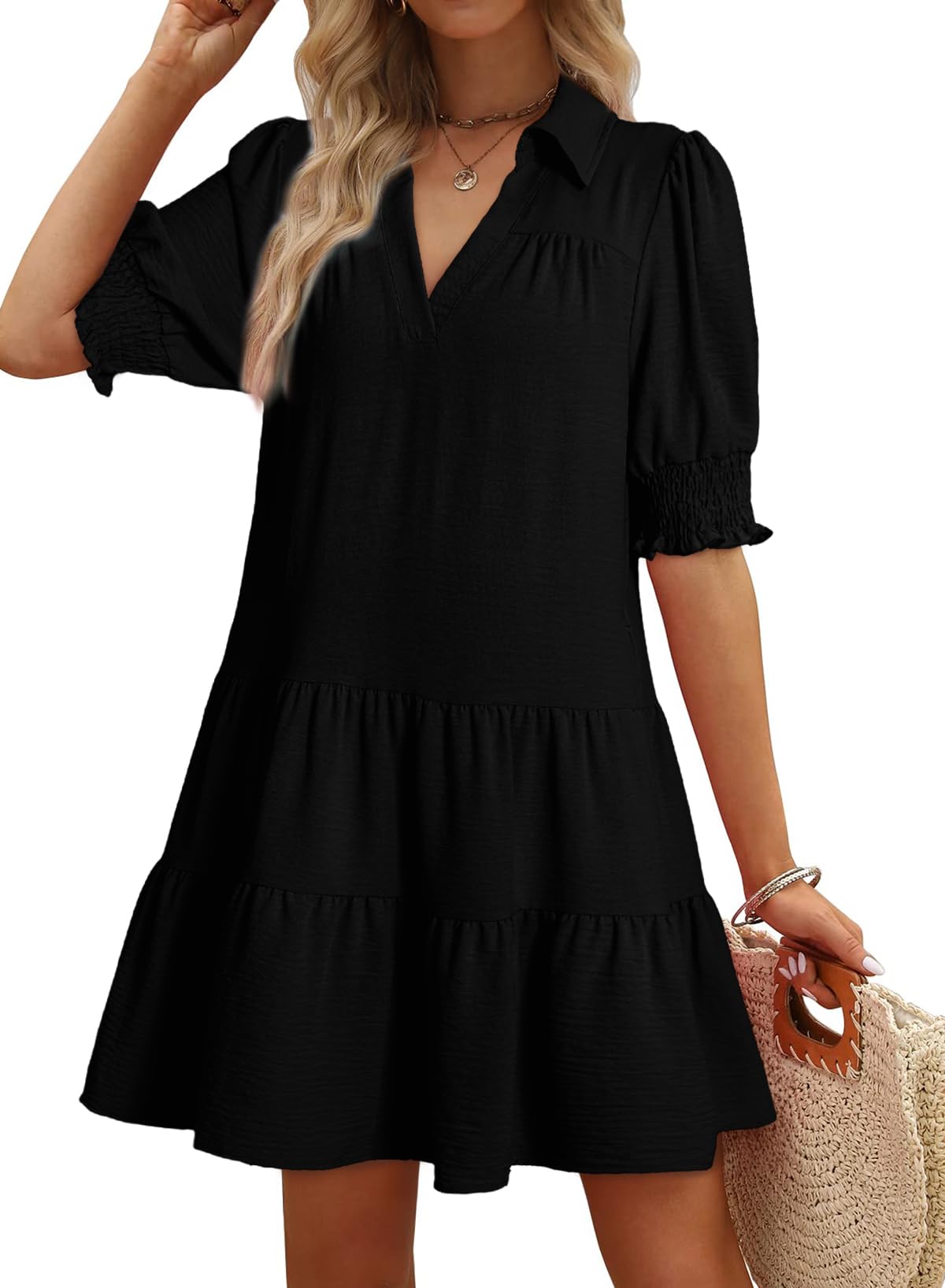 Women's 2026 Summer Lapel Collared V Neck Mid Sleeved Pleated Midi Dress
