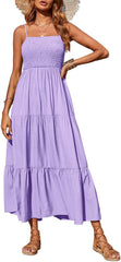 Women's 2026 Summer Casual Boho Sleeveless Spaghetti Strap Smocked Tiered Maxi Beach Sundress