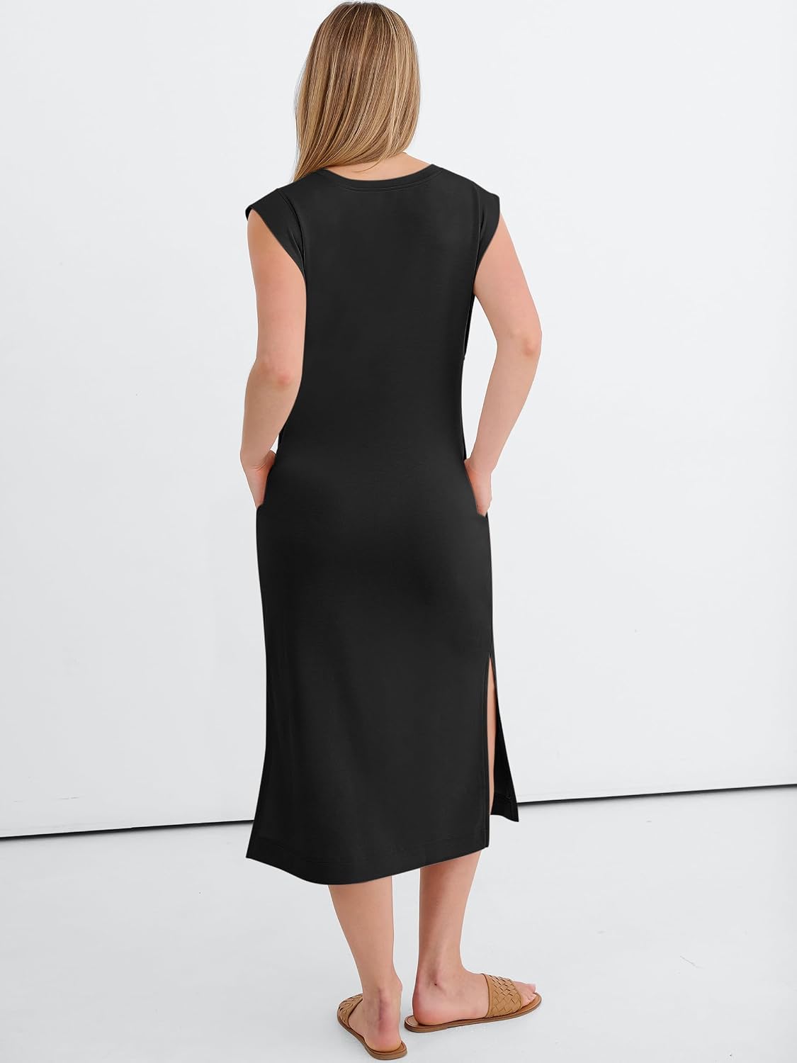 Womens Summer Sleeveless Crewneck Loose Split Wrinkle-Free Midi Beach Travel Vacation Long Sundress