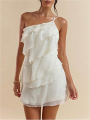 Women's One Shoulder Ruffle Mesh Layered Backless Mini Vacation Party Sundress