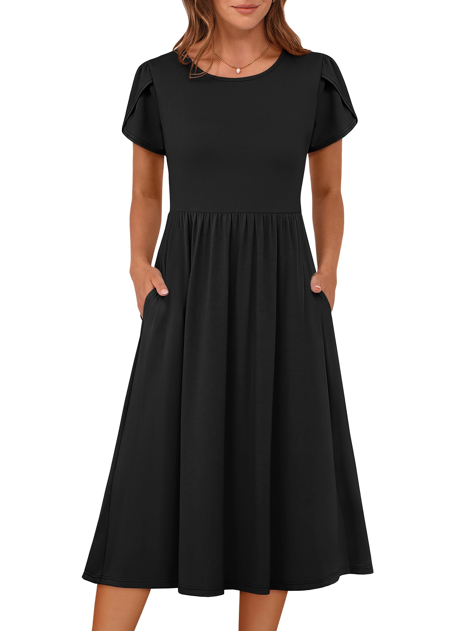 Women's Summer Short Sleeve A-Line Midi Floral T-Shirt Casual Beach Sundress with Pockets