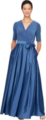 Satin Ballgown Formal Event Dress with Pockets and Tie Belt Petite and Regular Sizes