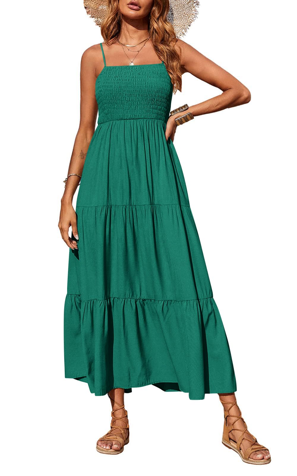 Women's 2026 Summer Casual Boho Sleeveless Spaghetti Strap Smocked Tiered Maxi