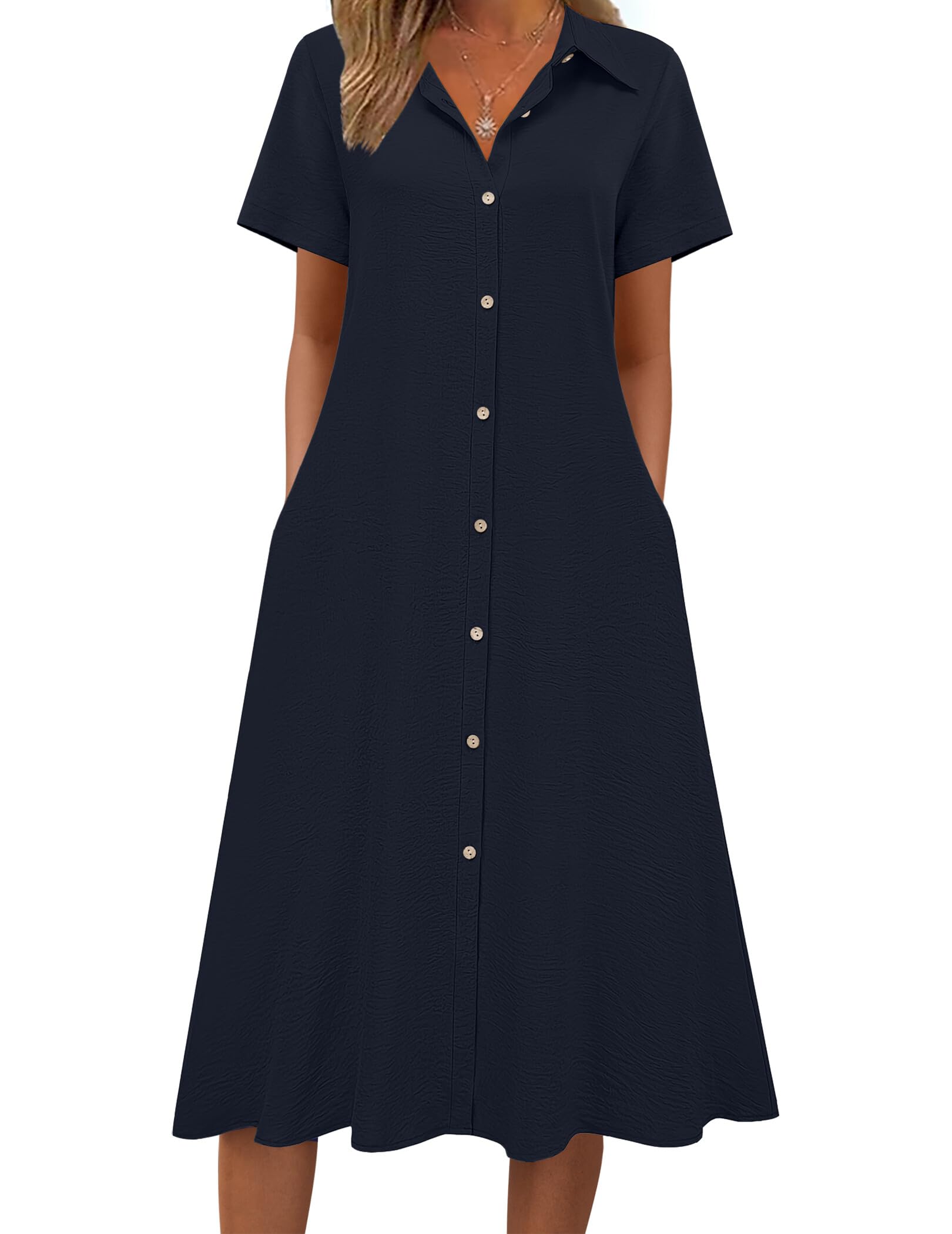 Women's 2026 Summer Button Down Short Sleeve A-Line Long Shirt Dress Beach Travel Cover Up Sundress