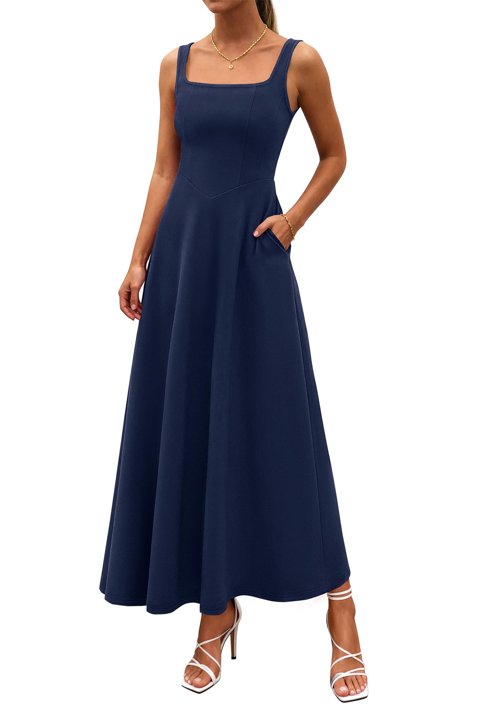 2 Neck A-Line Swing Maxi Beach Wedding Guest Dress with Pockets