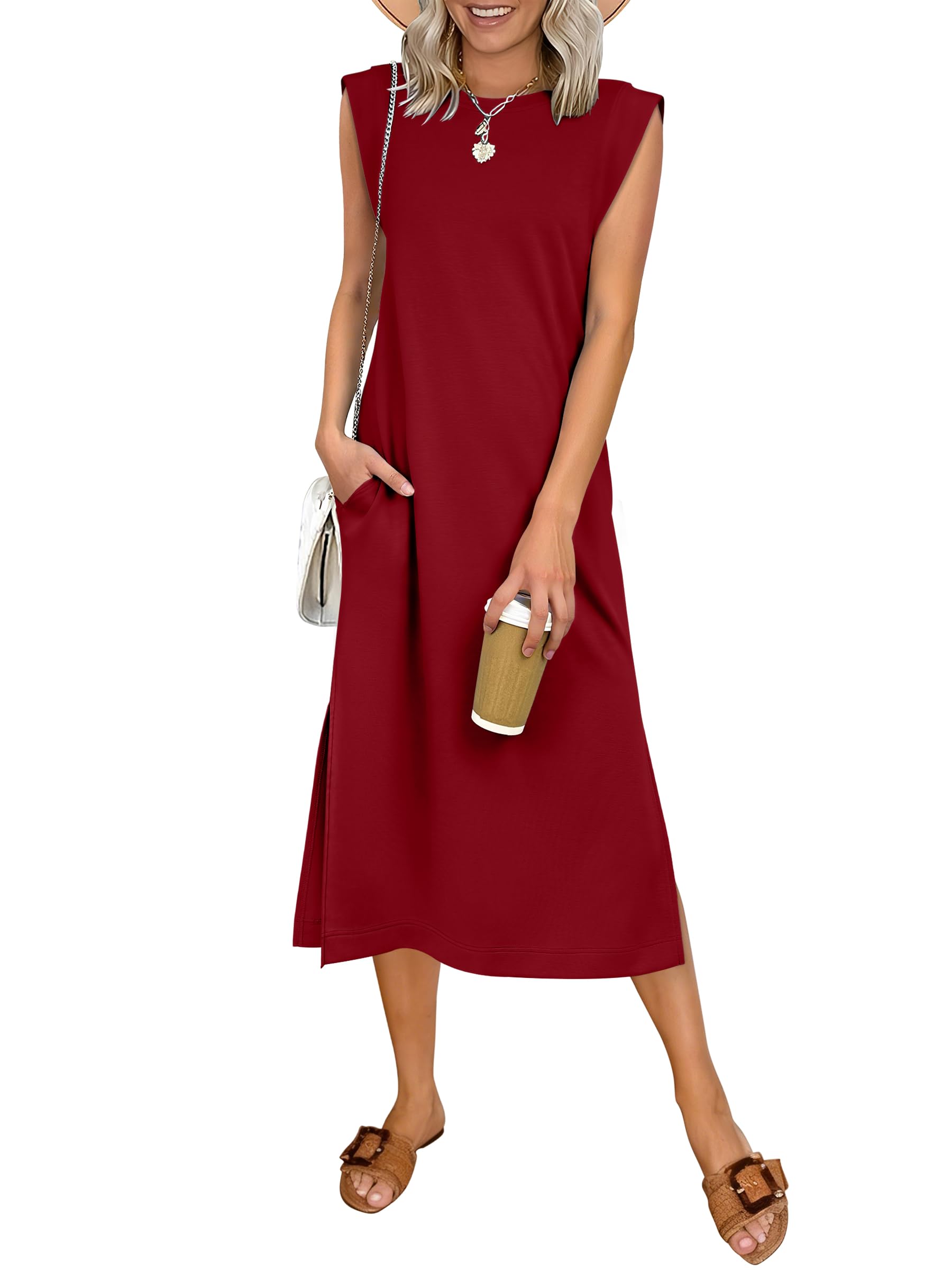Womens Summer Sleeveless Crewneck Loose Split Wrinkle-Free Midi Beach Travel Vacation Long Sundress