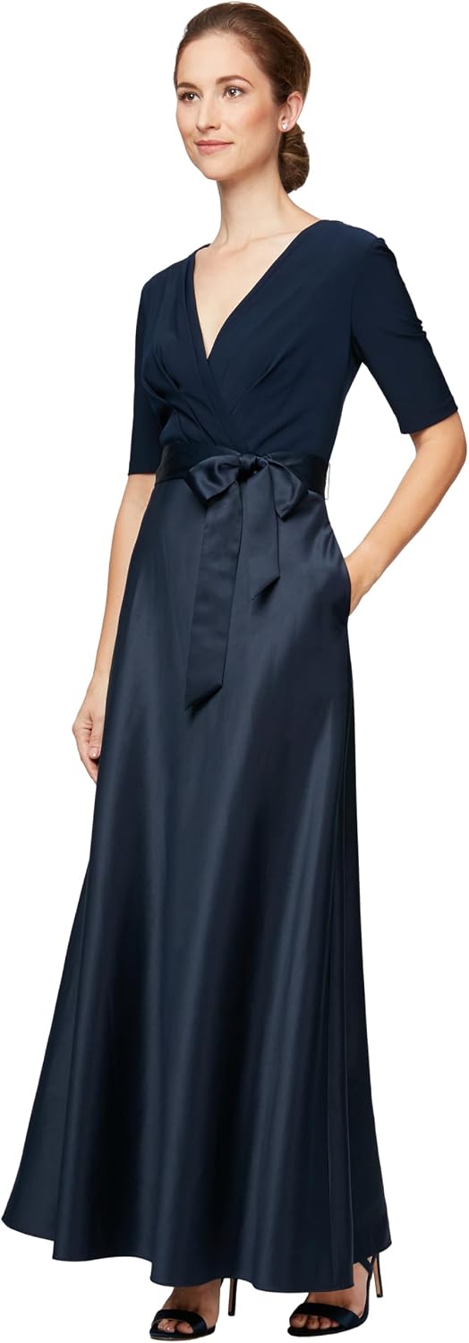 Satin Ballgown Formal Event Dress with Pockets and Tie Belt Petite and Regular Sizes