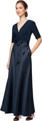 Satin Ballgown Formal Event Dress with Pockets and Tie Belt Petite and Regular Sizes