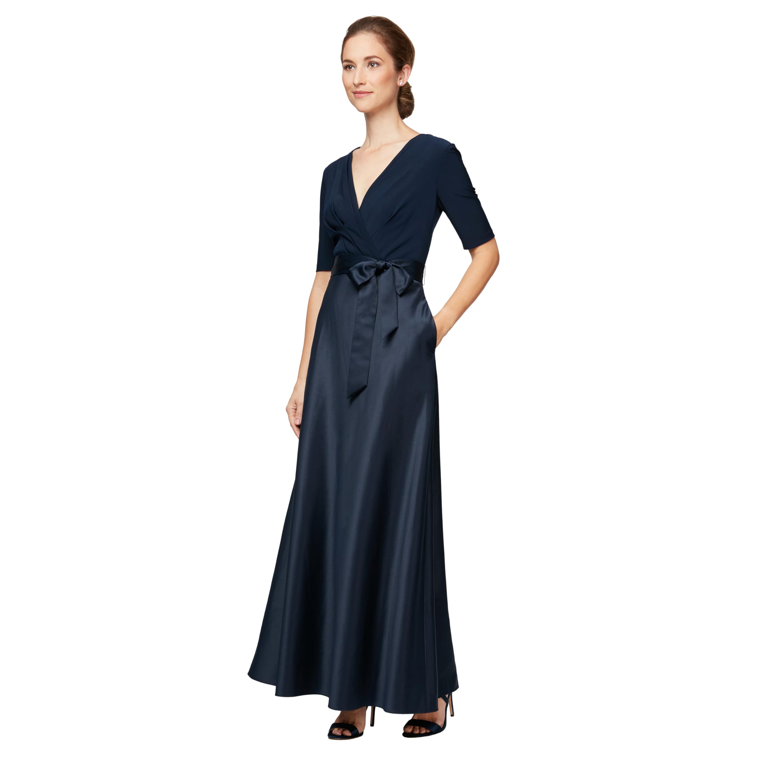 Satin Ballgown Formal Event Dress with Pockets and Tie Belt Petite and Regular Sizes