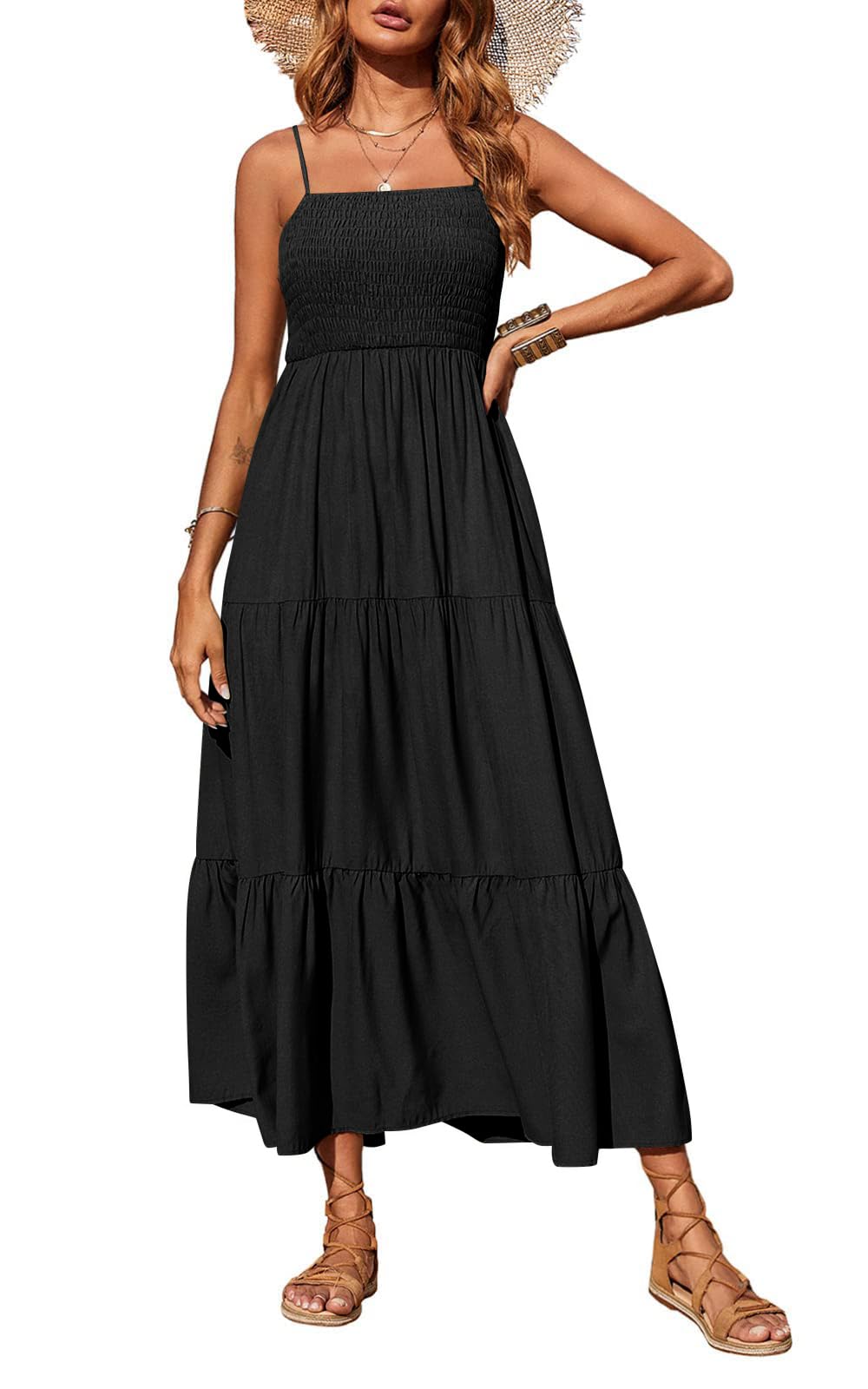 Women's 2026 Summer Casual Boho Sleeveless Spaghetti Strap Smocked Tiered Maxi