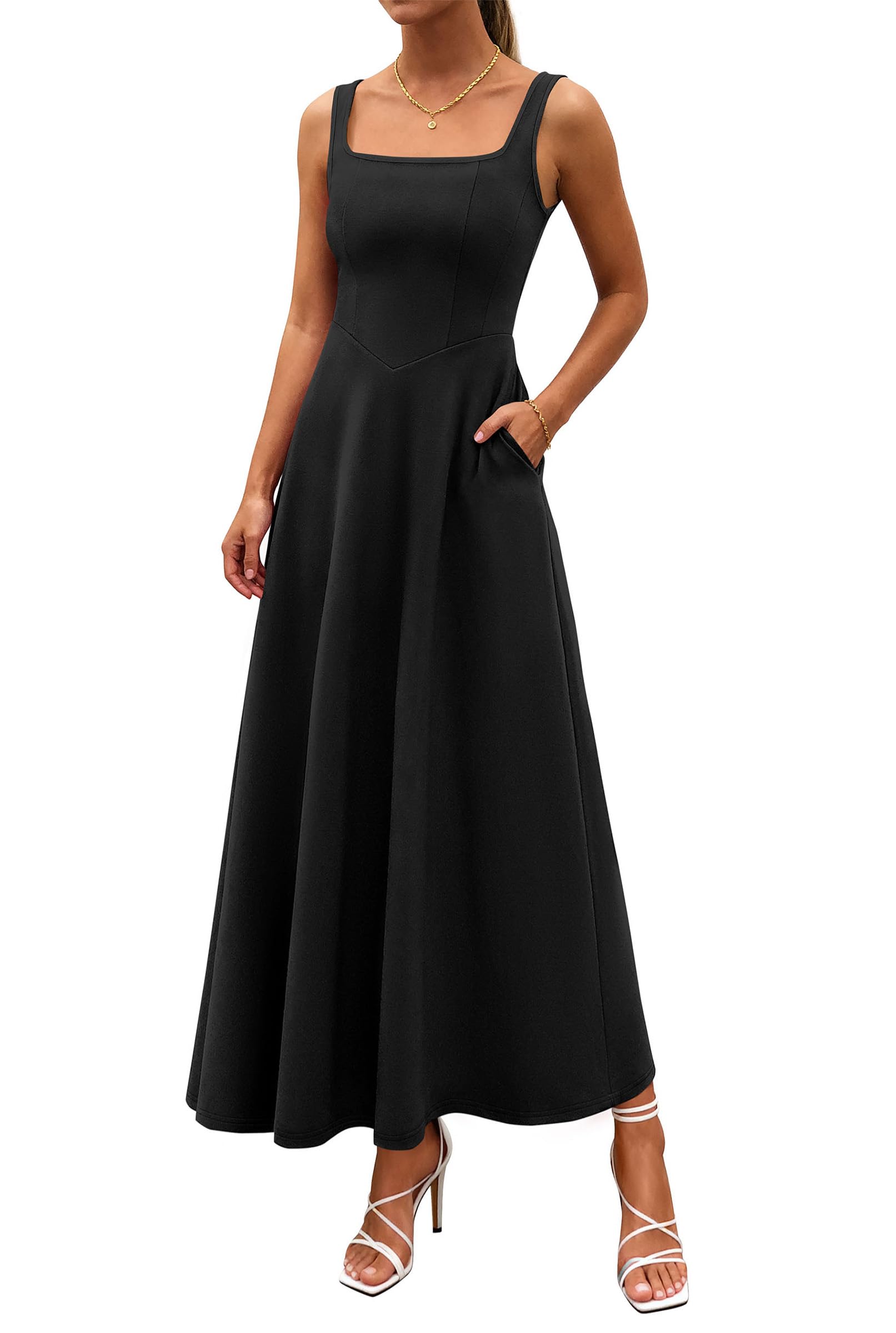 2 Neck A-Line Swing Maxi Beach Wedding Guest Dress with Pockets