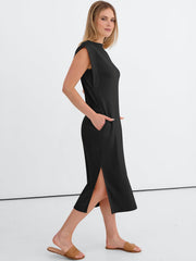 Womens Summer Sleeveless Crewneck Loose Split Wrinkle-Free Midi Beach Travel Vacation Long Sundress