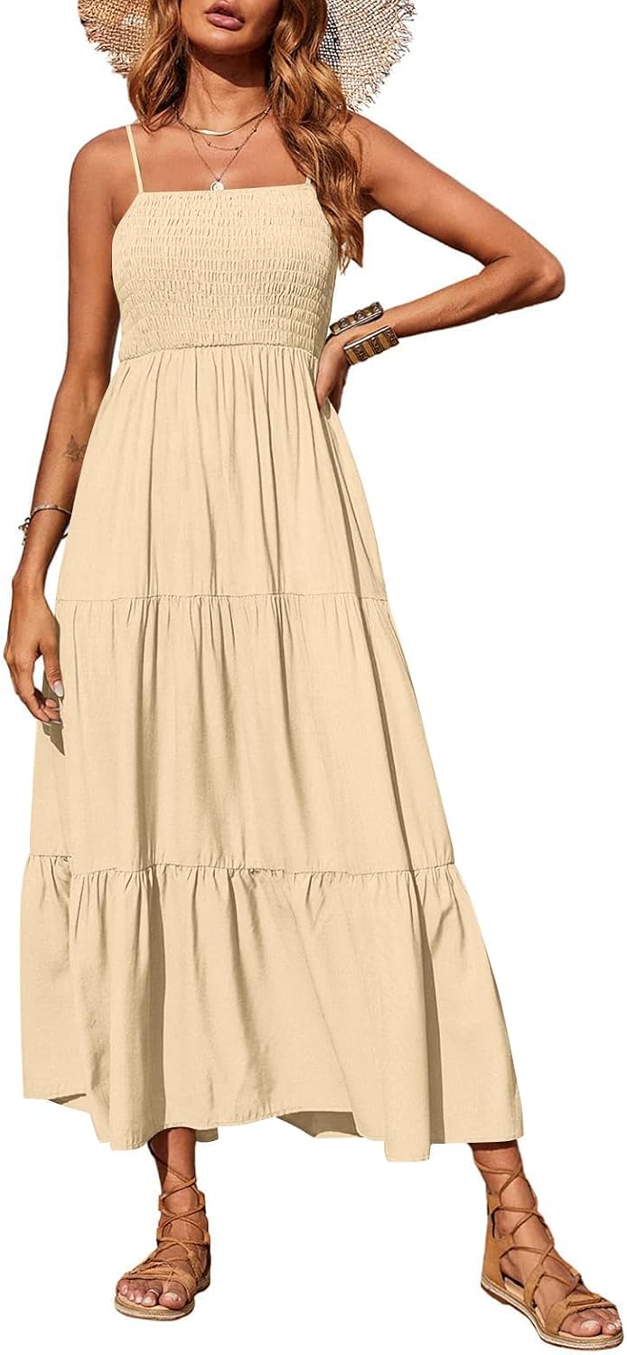 Women's 2026 Summer Casual Boho Sleeveless Spaghetti Strap Smocked Tiered Maxi Beach Sundress