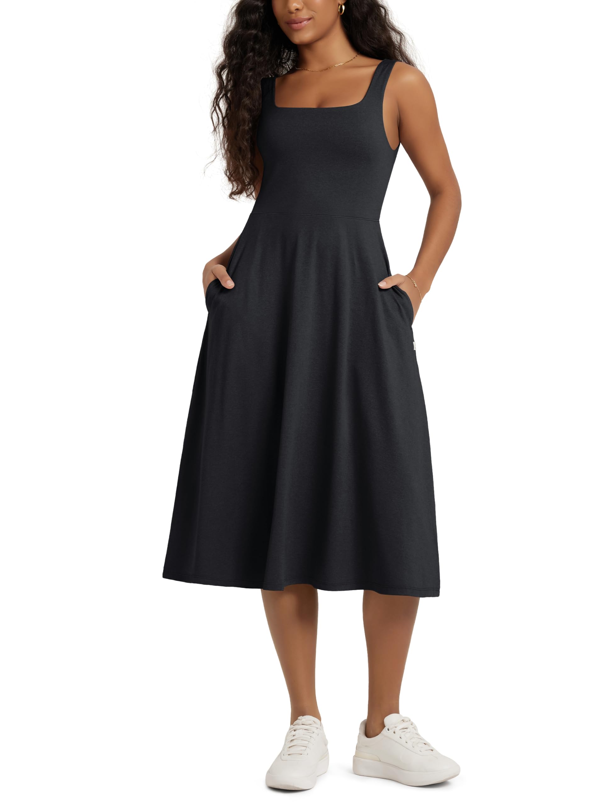 Women Summer Square Neck Sleeveless Flare Tank Midi Casual Sundress with Pockets