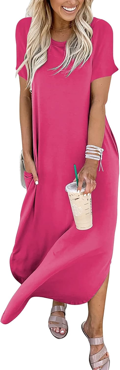 Summer Short Sleeve Casual Loose Long T Shirt Split Maxi Vacation Beach