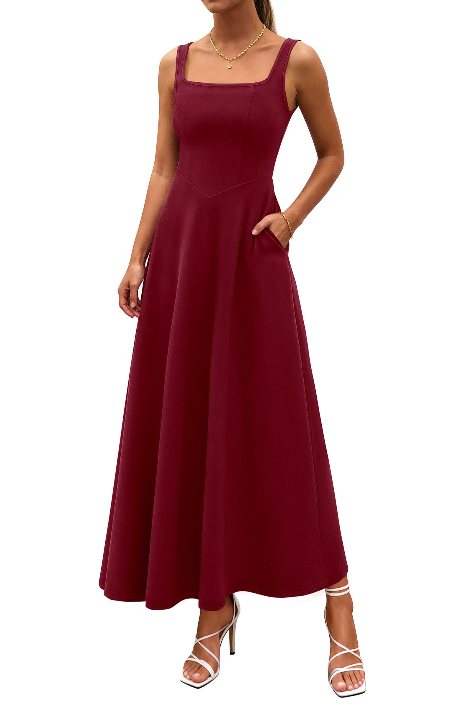 2 Neck A-Line Swing Maxi Beach Wedding Guest Dress with Pockets