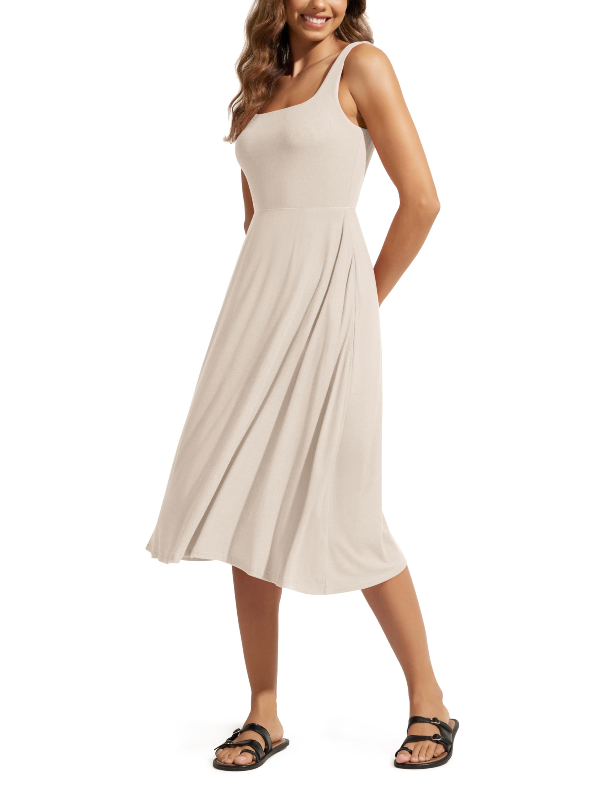 Women Summer Square Neck Sleeveless Flare Tank Midi Casual Sundress with Pockets