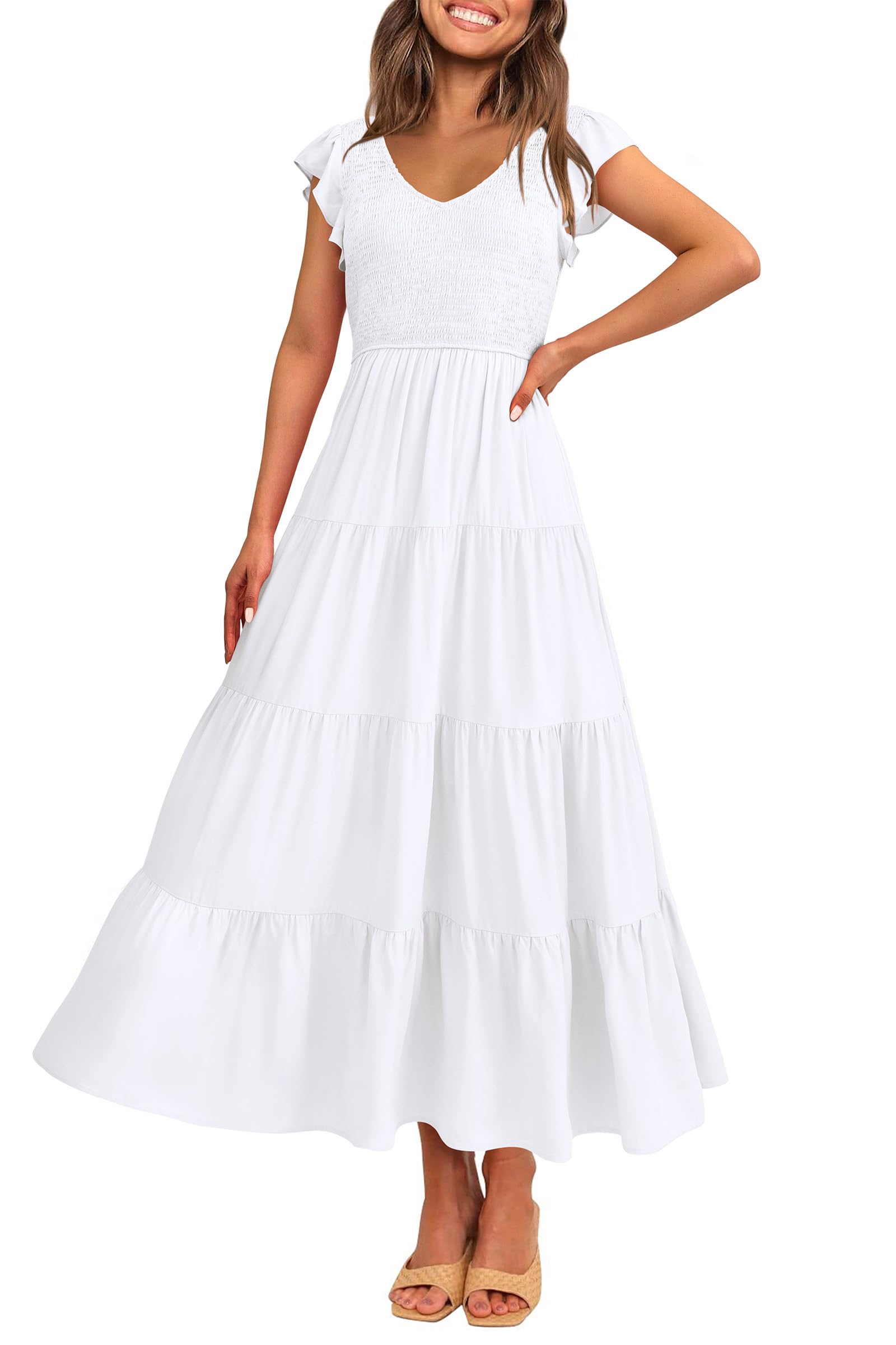 Women's Summer  Sleeve  Smocked Beach Maxi Sundress