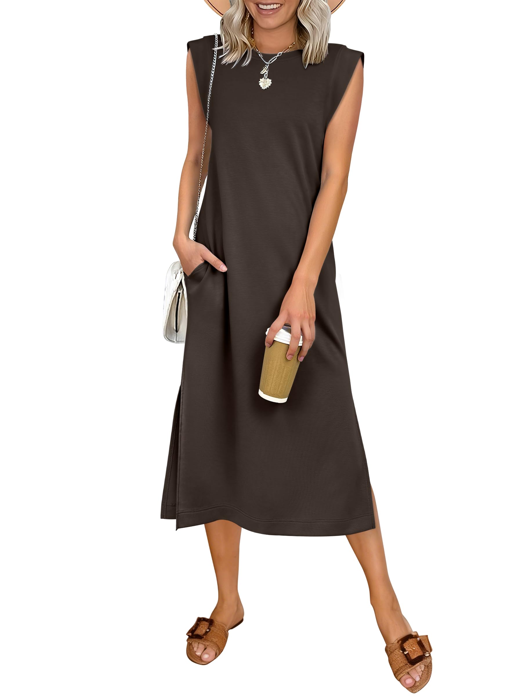 Womens Summer Sleeveless Crewneck Loose Split Wrinkle-Free Midi Beach Travel Vacation Long Sundress