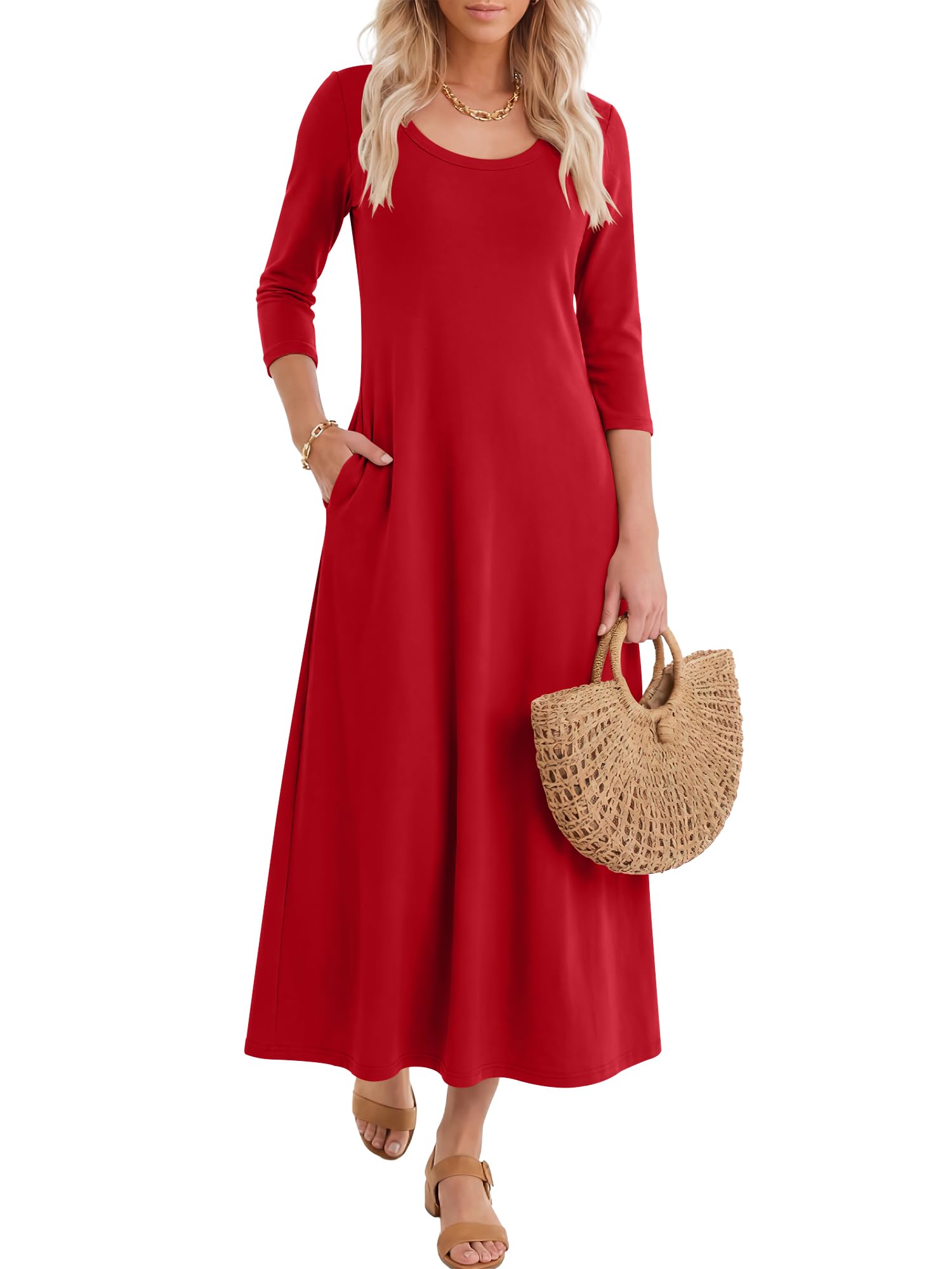 Women's 3/4 Sleeve Scoop Neck Dress with Pockets Soft Breathable for Travel Vacation Spring Transition