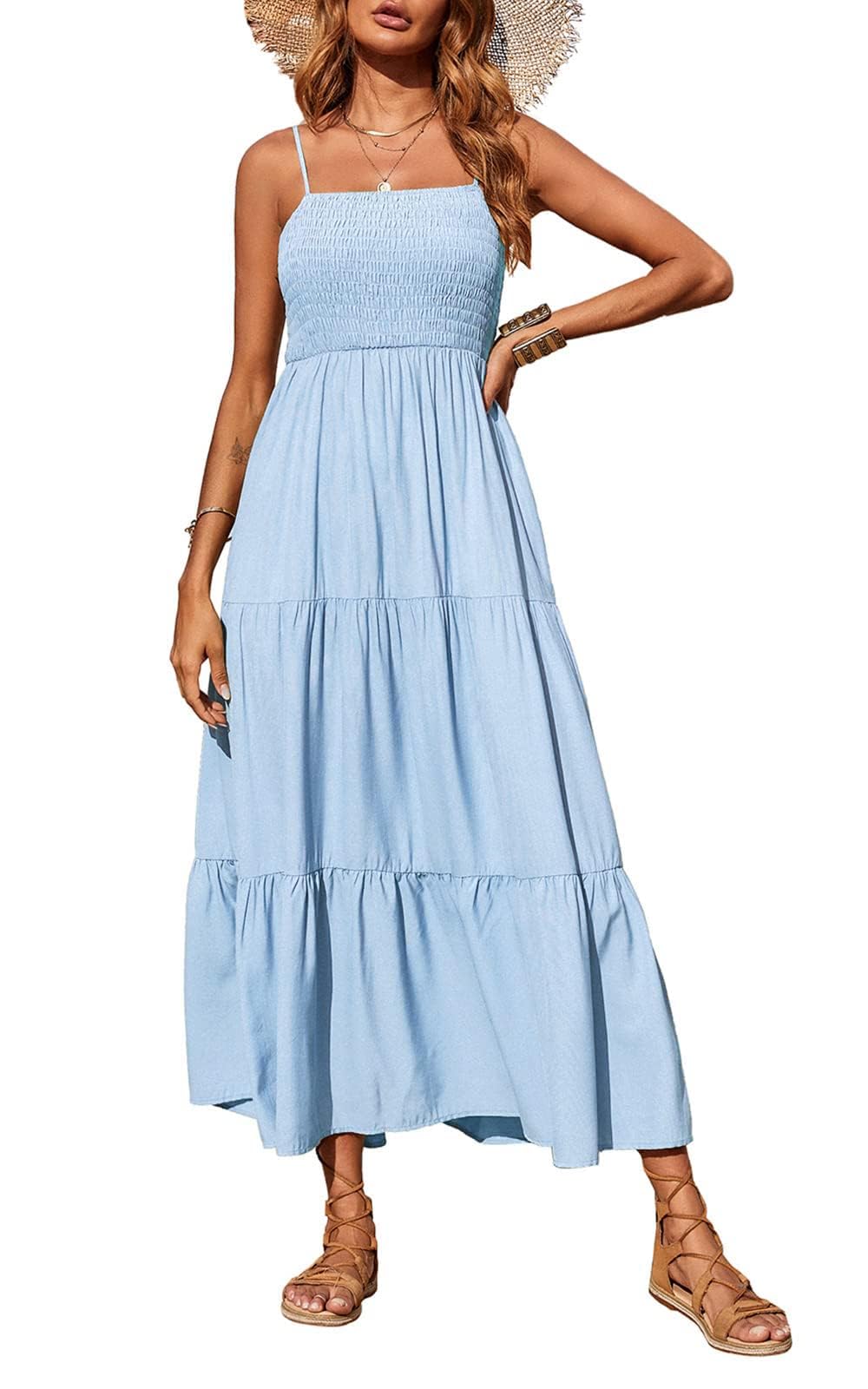 Women's 2026 Summer Casual Boho Sleeveless Spaghetti Strap Smocked Tiered Maxi Beach Sundress