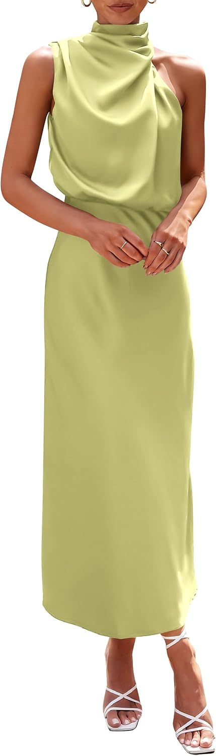 Women's 2026 Summer Satin Sleeveless Mock Neck Elegant Cocktail Party Maxi Dress