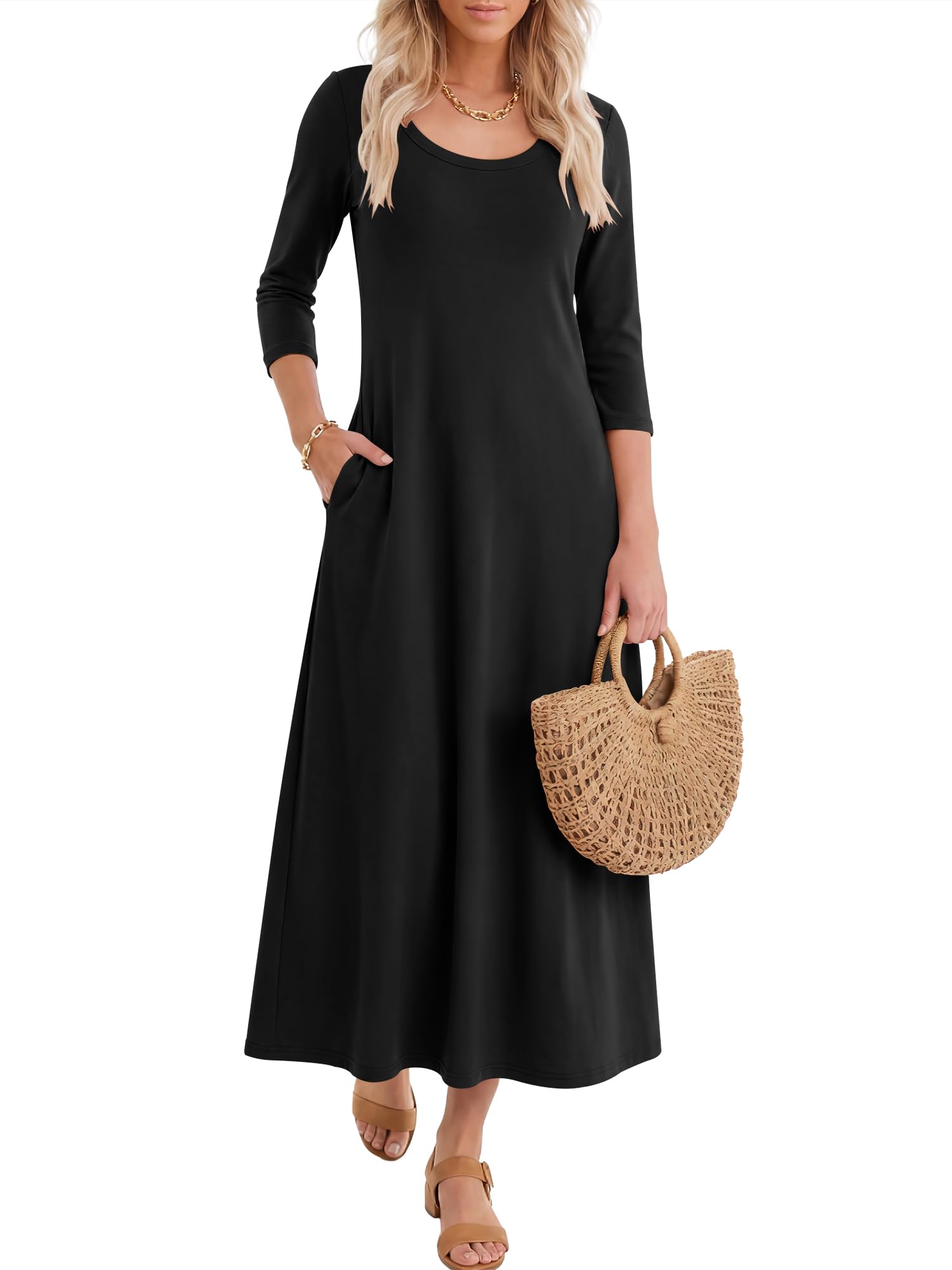 Women's 3/4 Sleeve Scoop Neck Dress with Pockets Soft Breathable for Travel Vacation Spring Transition