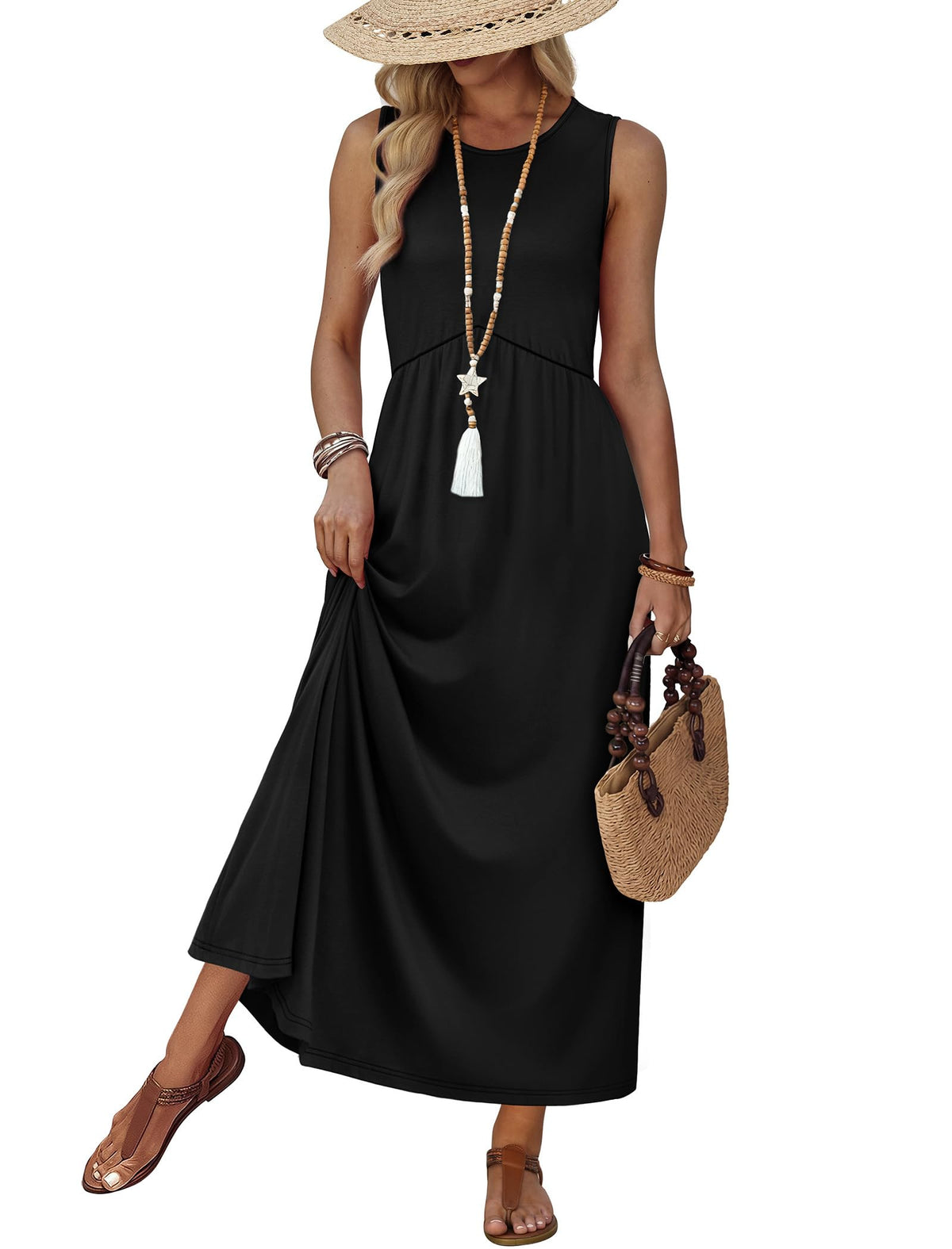 Empire Waist Maxi Summer Dress with Pockets for Beach Vacation Sundress
