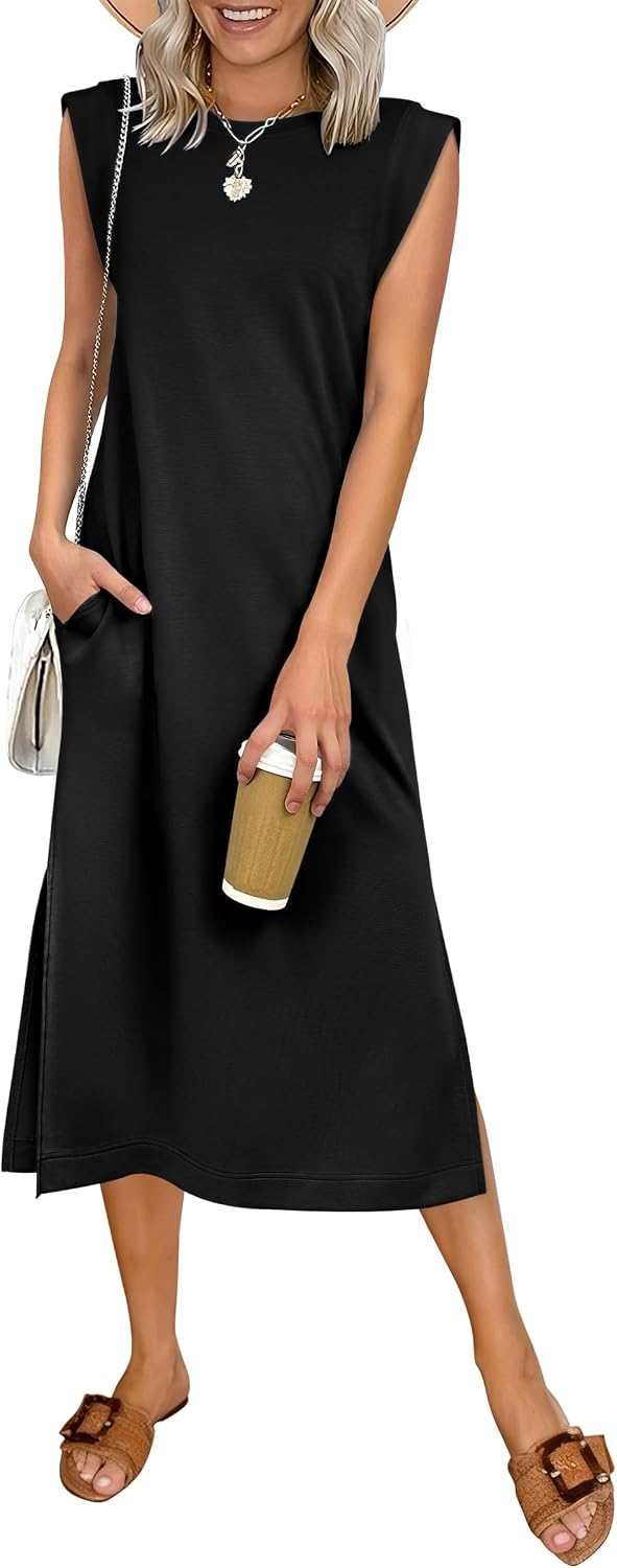 Womens Summer Sleeveless Crewneck Loose Split Wrinkle-Free Midi Beach Travel Vacation Long Sundress