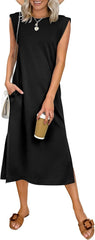Womens Summer Sleeveless Crewneck Loose Split Wrinkle-Free Midi Beach Travel Vacation Long Sundress