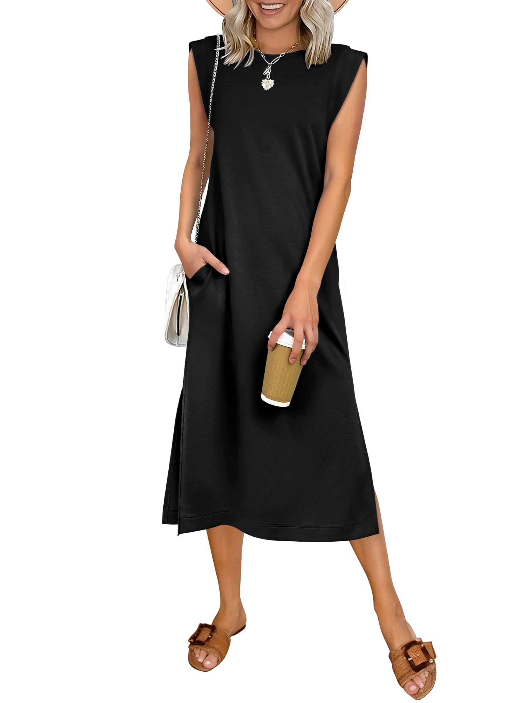 Womens Summer Sleeveless Crewneck Loose Split Wrinkle-Free Midi Beach Travel Vacation Long Sundress