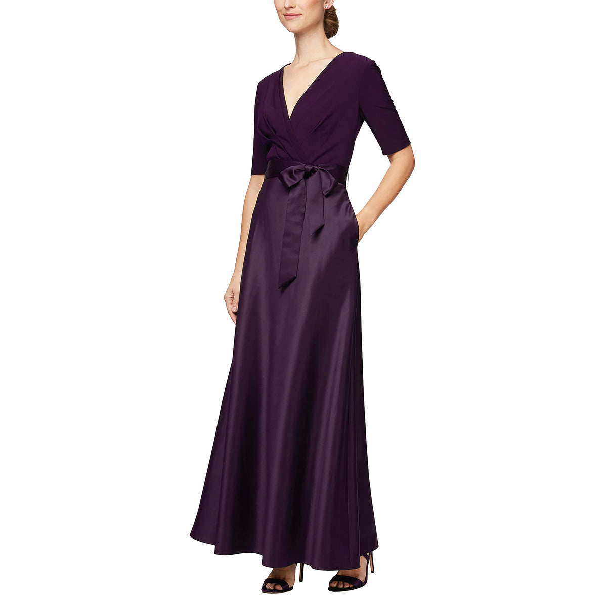 Satin Ballgown Formal Event Dress with Pockets and Tie Belt Petite and Regular Sizes