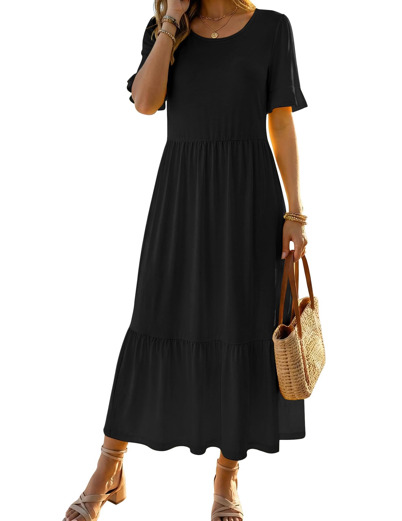Womens 2026 Summer Casual Ruffle Short Sleeve Tiered A Line Boho Flowy Midi Sundress