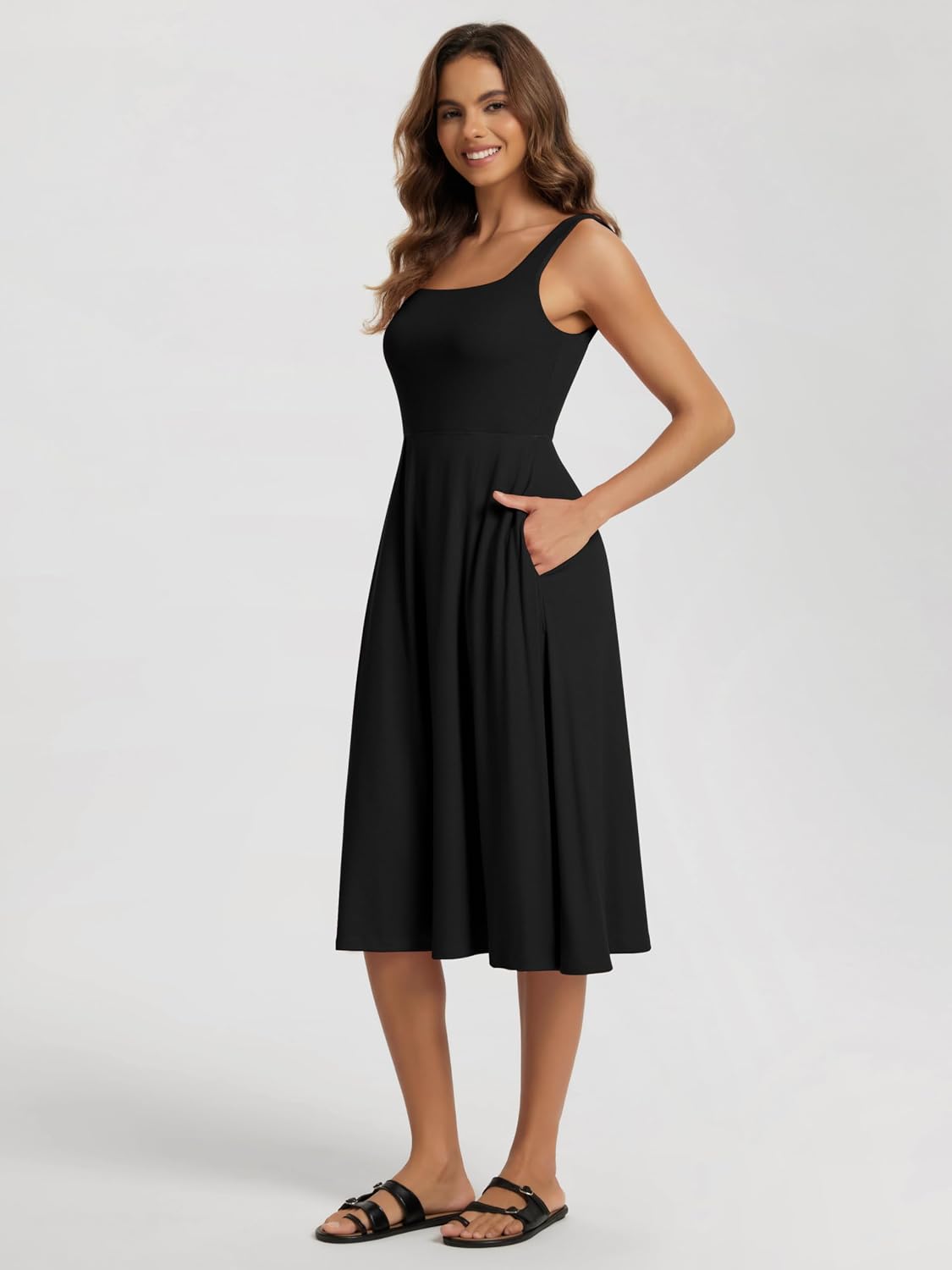 Women Summer Square Neck Sleeveless Flare Tank Midi Casual Sundress with Pockets