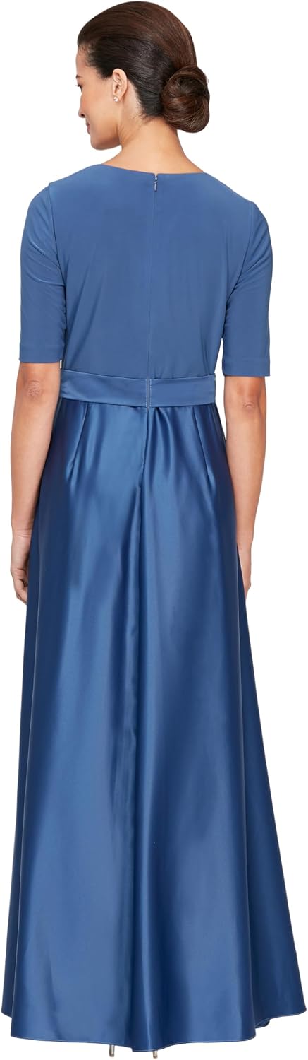 Satin Ballgown Formal Event Dress with Pockets and Tie Belt Petite and Regular Sizes