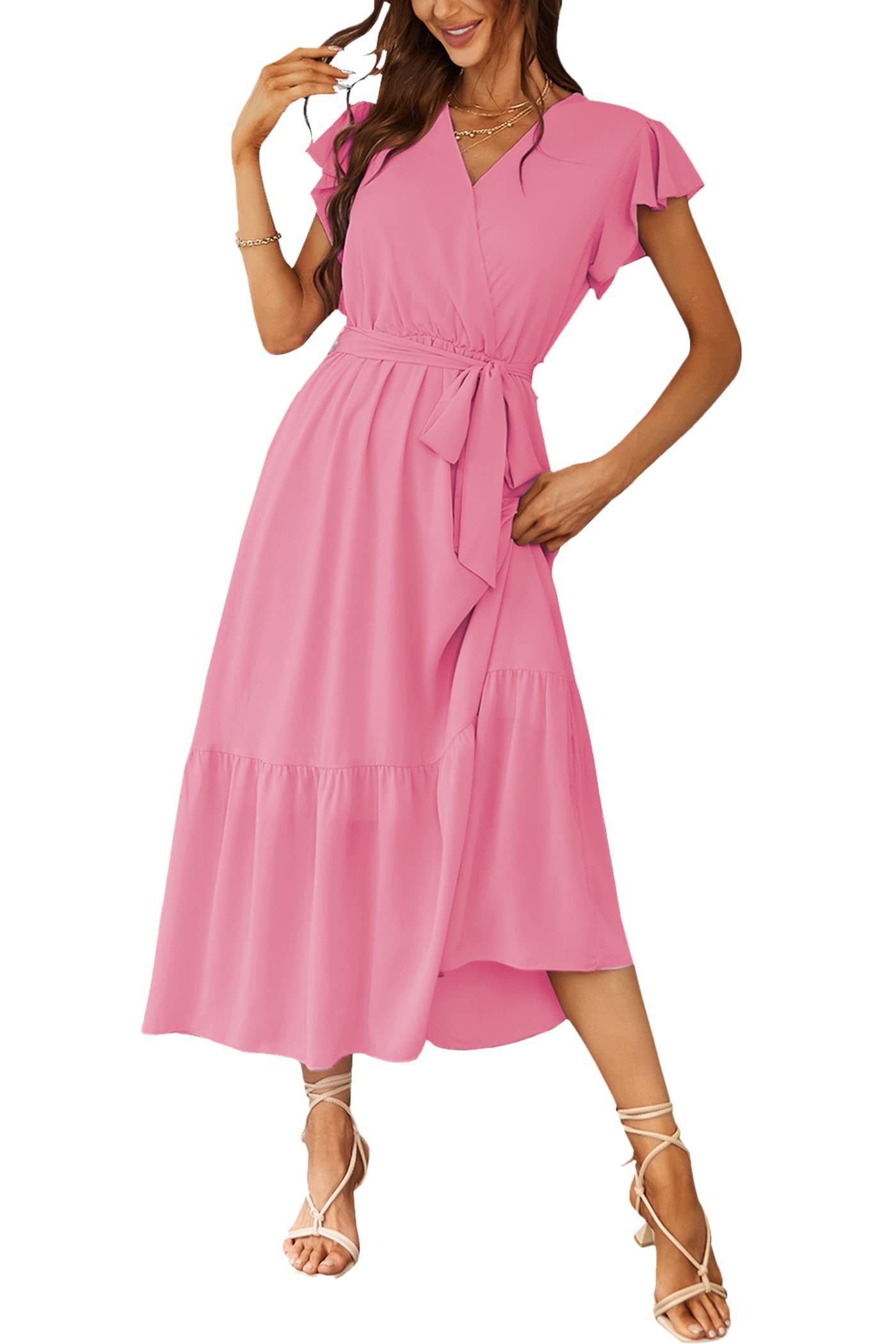 Women's Summer Floral  Short Sleeve Wrap V-Neck Ruffle Long Wedding Guest Maxi Dress