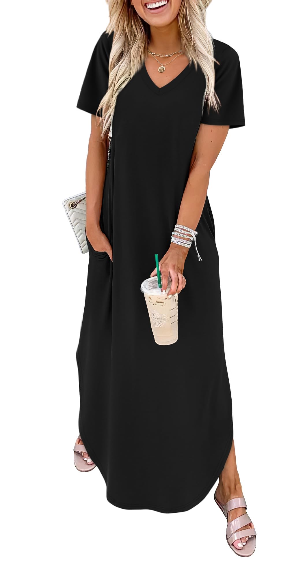 Women's 2026 Summer Short Sleeve Maxi Dress with Pockets for Vacation Beach Sundress